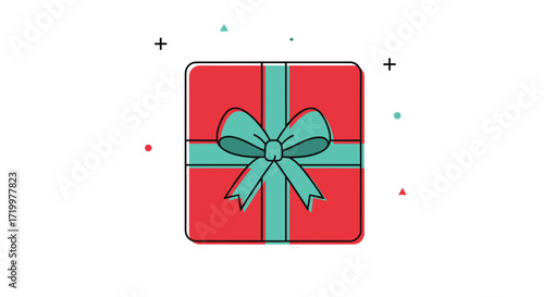A simple red gift box with a teal ribbon and bow tied in the center of the wrapping paper.