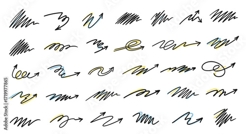 A collection of hand drawn scribbled and doodle arrows in black and yellow.