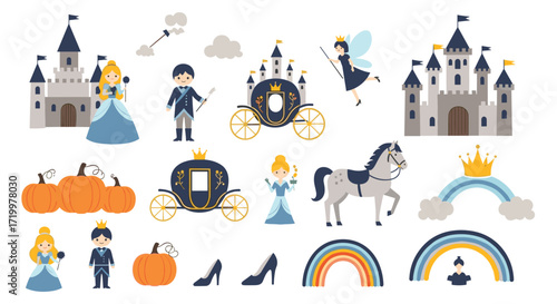 Collection of magical fairy tale elements including castles and princesses.
