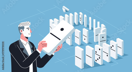 Strategic Leadership: Businessman Initiating Domino Effect for Business Growth and Strategy