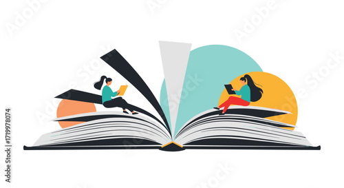 Two women reading books on open pages of a large book.