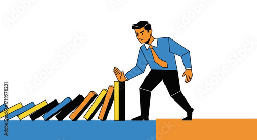 Businessman stopping domino effect, illustrating risk management and crisis control strategy