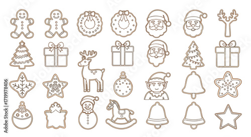 A collection of festive holiday baking cookie cutters featuring classic Christmas symbols.