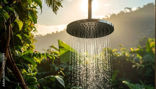 Outdoor shower head spraying water, lush greenery