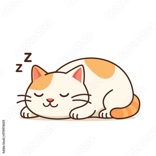 Cute fat domestic cat sleeping and enjoying life. Flat vector linear illustration isolated on white background.