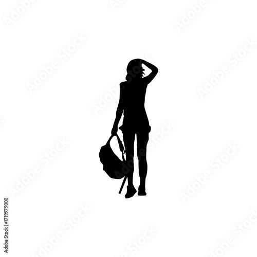 A silhouette of a female traveler, standing outdoors, holding a backpack and tripod, appears to be pausing for a moment of contemplation or reflection.