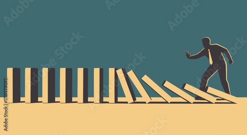 Stopping the domino effect concept to prevent chain reaction with business man