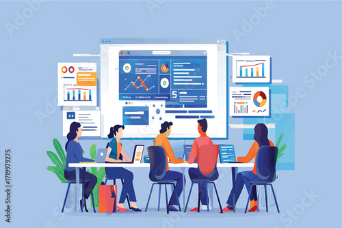 Business team in a meeting analyzing a project data dashboard