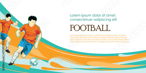 Football Teamwork Concept Illustration – Dynamic Soccer Players in Action with Abstract Wave Background