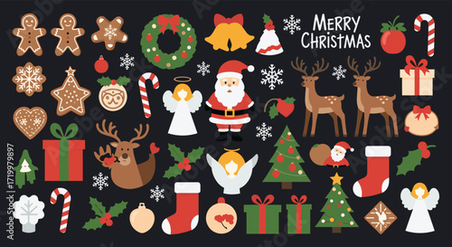 A delightful collection of pixel art christmas elements featuring santa claus reindeer angels and festive decorations.