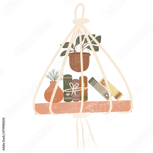 Illustrative macrame hanging shelf with books, potted plant, and decorative vase in earthy tones.