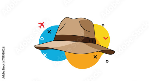 An adventurous fedora hat with a dark band sits atop colorful circles and abstract shapes symbolizing travel.