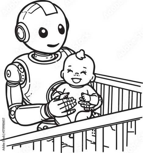 A diverse set of vector illustrations showing robots in creative, caregiving, coding, farming, and transport roles. EPS-ready line art for education, innovation, and future lifestyle themes.