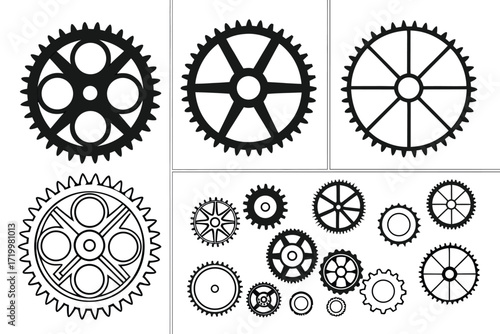 Collection of Black and White Gears and Cogs on White Background Keywords: gears, cogs, mechanical, machinery
