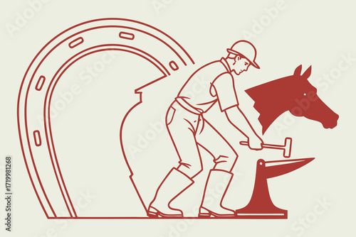 Red outline illustration of a blacksmith working on a horseshoe anvil hammer