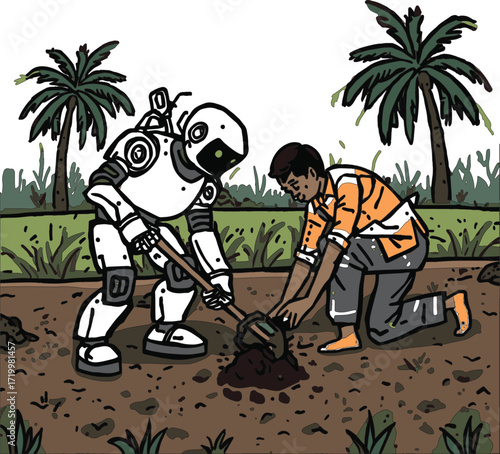 A diverse set of vector illustrations showing robots in creative, caregiving, coding, farming, and transport roles. EPS-ready line art for education, innovation, and future lifestyle themes.