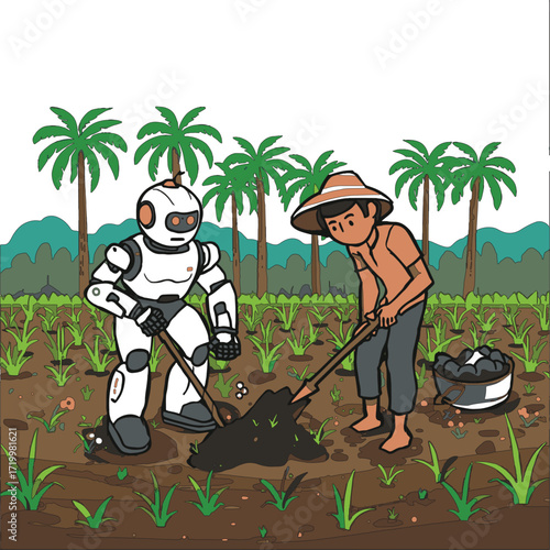 A diverse set of vector illustrations showing robots in creative, caregiving, coding, farming, and transport roles. EPS-ready line art for education, innovation, and future lifestyle themes.