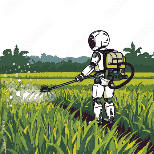 A diverse set of vector illustrations showing robots in creative, caregiving, coding, farming, and transport roles. EPS-ready line art for education, innovation, and future lifestyle themes.