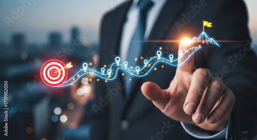 Strategic Business Goal Achievement:  Modern Futuristic Wallpaper,  Roadmap to Success, Target Arrow,  Digital Marketing Concept.