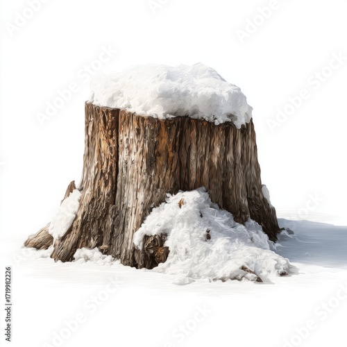 Snow Covered Tree Stump in Winter Forest Scene