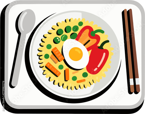 Spicy Fried Rice Bowl with Egg and Chili Vector – Colorful Asian Cuisine Food