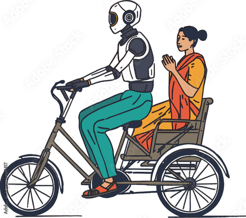 A diverse set of vector illustrations showing robots in creative, caregiving, coding, farming, and transport roles. EPS-ready line art for education, innovation, and future lifestyle themes.
