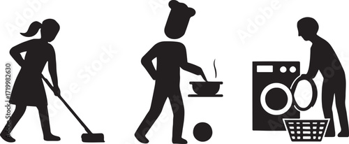 Black vector silhouette of a woman sitting at a desk with a laptop and a suitcase, working in an office