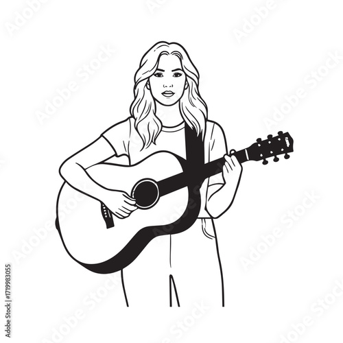 
Black and white line art of a cool woman playing guitar in casual outfit minimalist stylish illustration
