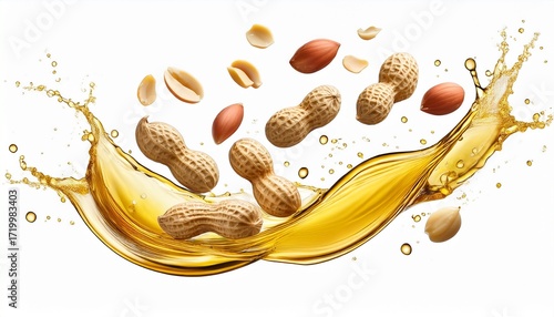 peanut oil splash with peanuts flying isolated transparent cutout