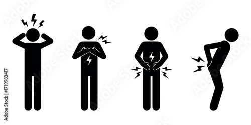 Human body pain symptom silhouette icon set , headache stomach ache back pain vector illustration