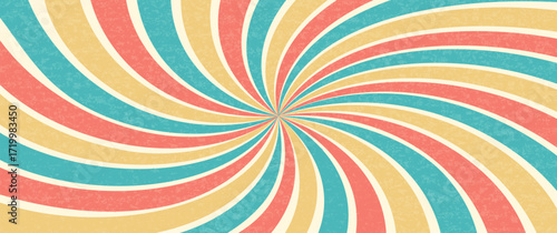 Swirl groovy starburst background, retro spiral carnival pattern. Candy radial color bg, abstract funky print. Disco stripe rays poster, wavy twist line grunge effect wallpaper. Vector illustration
