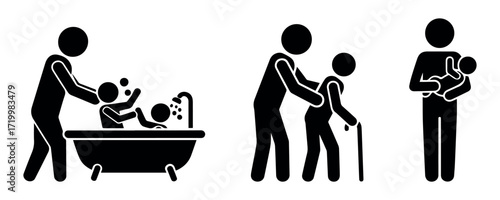Family stickman icons vector showing parents with children, baby care, and family activities