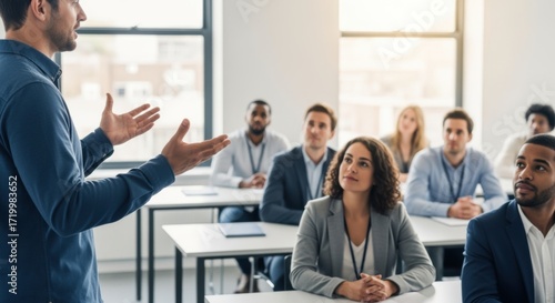 Instructor passionately delivers a presentation to a diverse group of attentive students in a bright classroom setting.