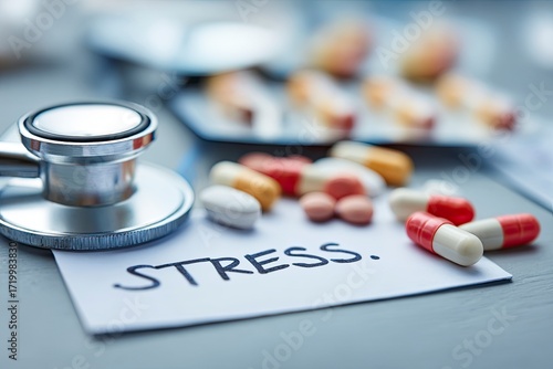 Medical Stethoscope and Pills on Stress Note in Medical Environment
