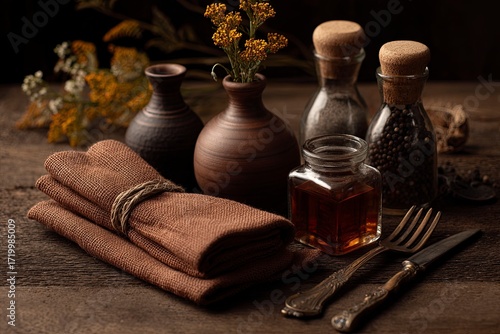 Rustic Kitchen Table with Clay Jugs Fresh Herbs and Spices Warm Cozy Atmosphere