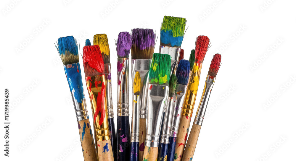 Obraz premium Collection of Paint Splattered Art Brushes on Black isolated on a transparent background