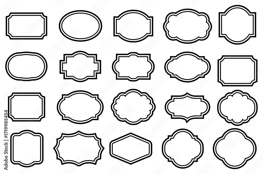Obraz premium A collection of various elegant, black outline label frames in different shapes.