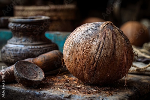 Coconut on Rustic Wooden Surface with Traditional Pottery and Carved Wooden Items in Natural Lighting