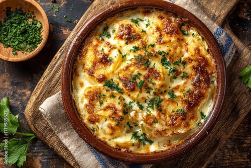 Baked Cauliflower Cheese in a Rustic Ceramic Dish Topped with Herbs on Wooden Background