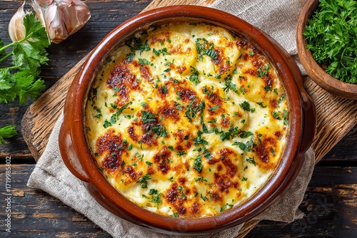 Baked Creamy Potato Casserole with Cheese and Herbs in Clay Dish