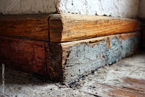 Close Up of Weathered Wooden Floorboard with Cracked Paint and Dust in Rustic Indoor Setting