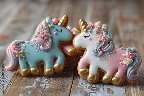 Colorful Unicorn Cookies with Pastel Icing and Gold Accents on Wooden Surface