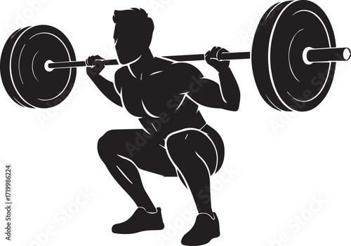 Muscular fitness athlete silhouette performing a deep barbell squat workout strength training