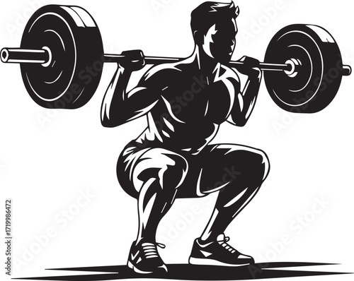 Muscular fitness athlete silhouette performing barbell squat workout strength training power