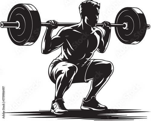 Muscular fitness athlete silhouette performing barbell squat exercise intense workout training