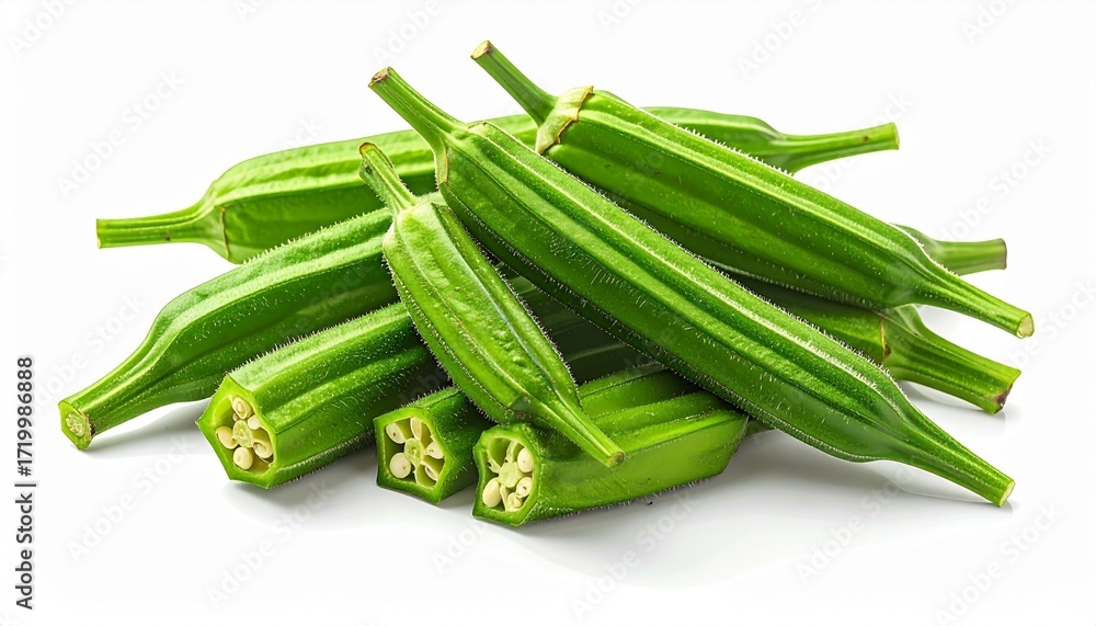 Obraz premium A pile of okra pods cut open to reveal seeds bright green texture photorealistic realism white background with soft shadows 