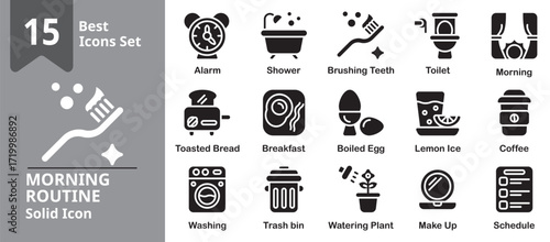 Morning Routine Icon set. Including wake up, stretching, shower, breakfast, exercise and more. Solid vector icons collection.
