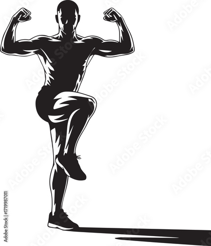 Fitness athlete silhouette flexing muscles strong muscular bodybuilder posing dynamic stance exercise concept