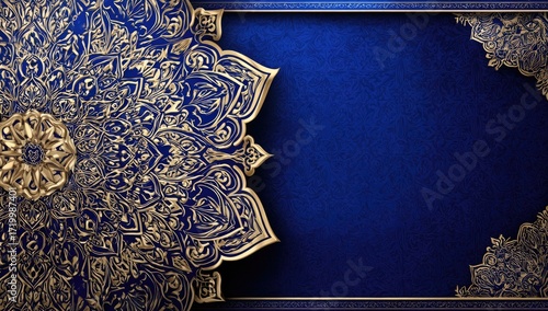 Ornate gold mandala pattern framed by a deep blue textured background.