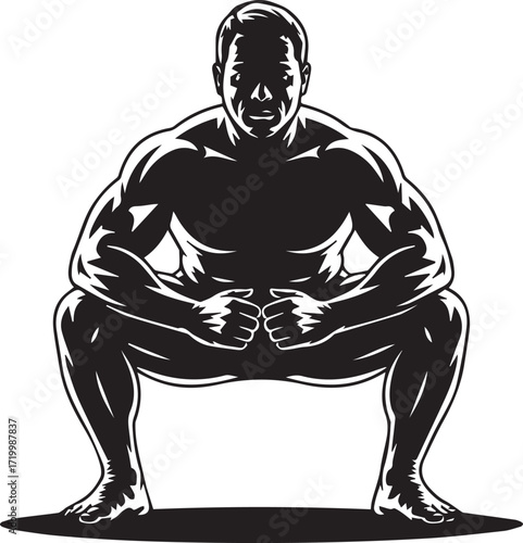 Powerful muscular fitness athlete silhouette performing deep squat exercise silhouette